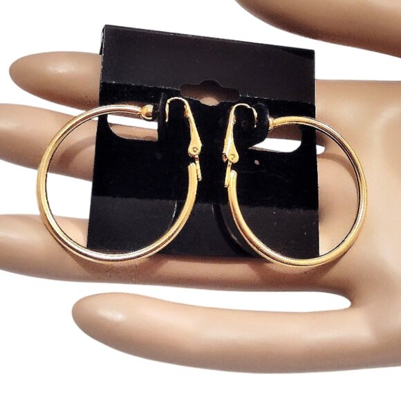 1 1/4" Polished 32mm Hoops Clip On Earrings Gold Plated 2mm Tube Round Smooth - Picture 3 of 5